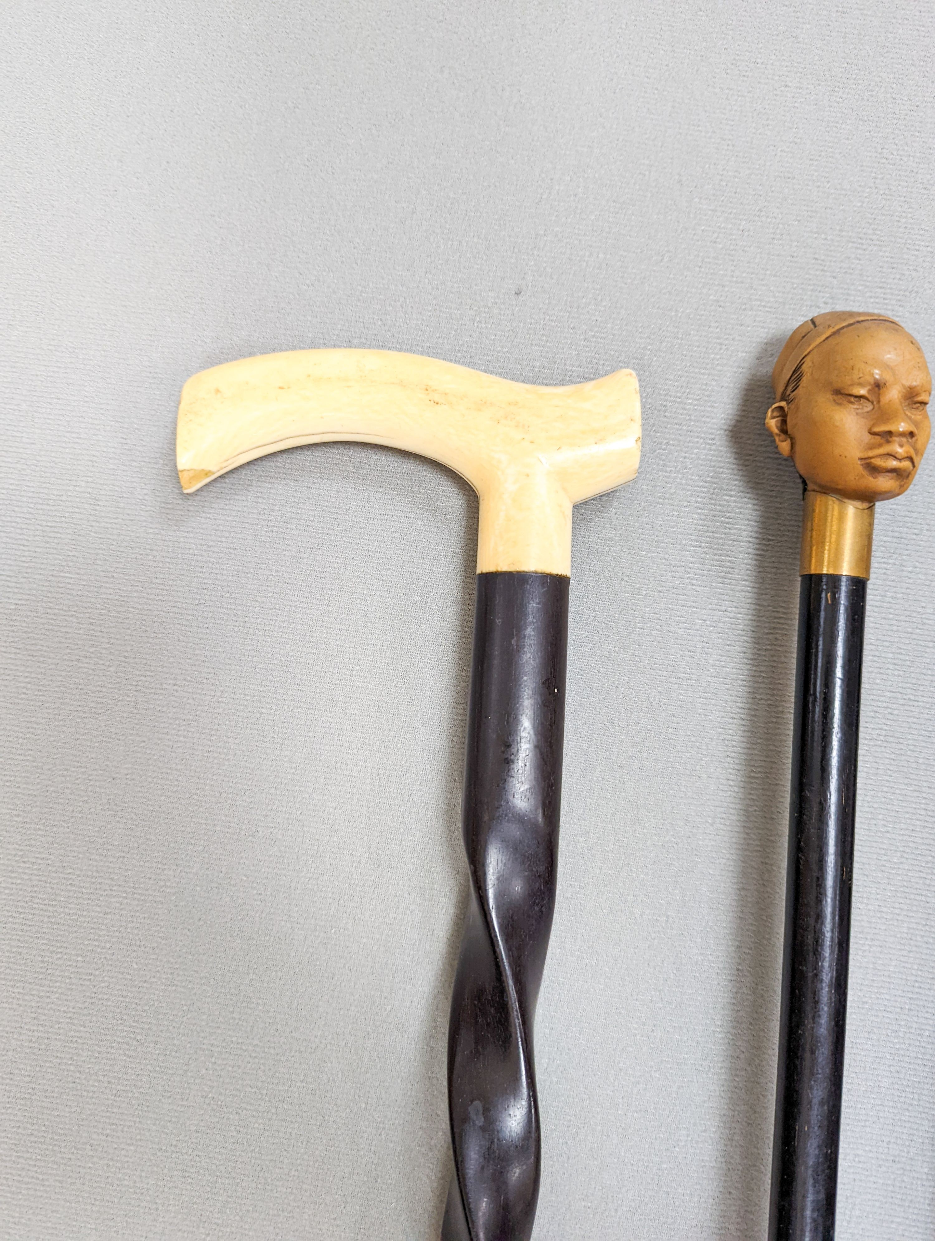 A gold mounted ivory handled walking cane carved with a coiled snake, a silver mounted Mallacca cane, an ivory handled ebonised stick and six others. (9)